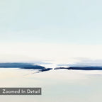 Frozen Channel Canvas Art - Horizontal features soft blue and white tones with horizontal brush strokes and a light, airy background, perfect for adding tranquility to modern living rooms. "Zoomed In Detail" label appears in the bottom left.