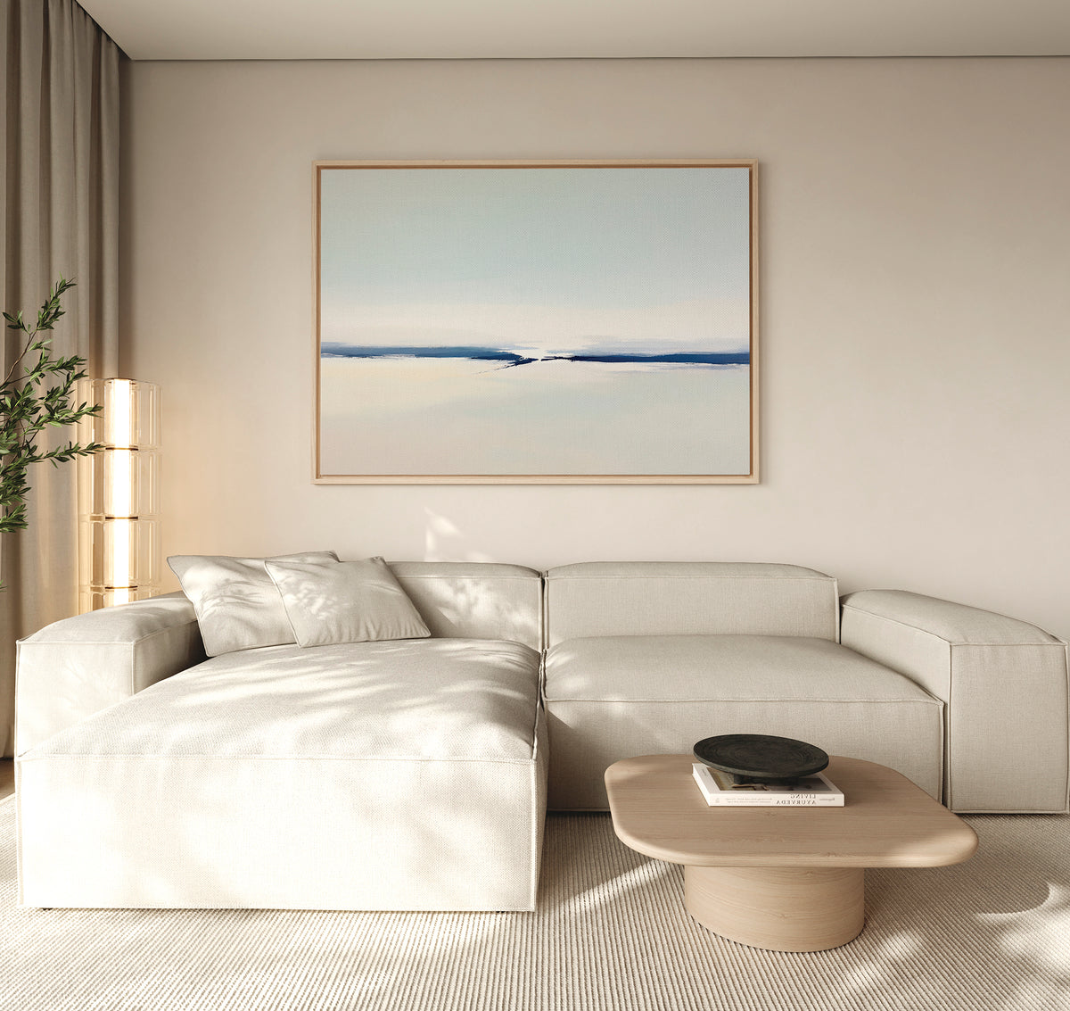 A modern living room featuring a light beige sectional, light wood coffee table with black bowl, tall corner plant, and the Frozen Channel Canvas Art - Horizontal above neutral walls—showcasing elegant modern décor.