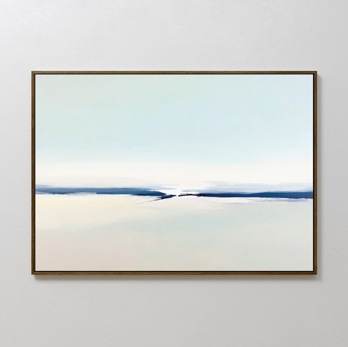 Frozen Channel Canvas Art - Horizontal features a minimalist design with soft light blue and cream tones and a dark blue streak, framed in a thin, dark frame—ideal for adding serene, modern style to your living room decor.