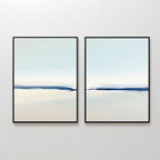 The Frozen Channel - Set Of 2 features minimalist wall art with light blue and beige tones, showcasing simple horizontal lines and abstract forms in black frames—ideal for modern living room decor.