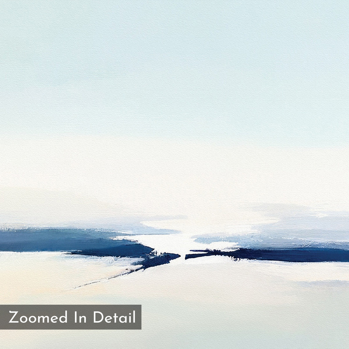 The Frozen Channel Canvas Art - Square features a minimalist abstract design with soft blue and white tones and bold navy brushstrokes, evoking a serene landscape. Ideal as modern living room wall decor. Label: Zoomed In Detail.