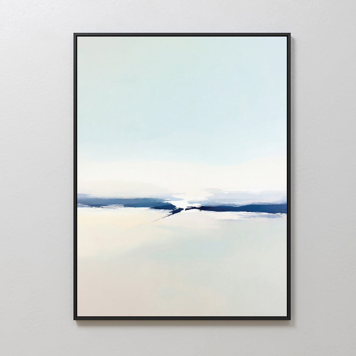 Frozen Channel Canvas Art - Vertical features soft blue and cream tones with a bold dark blue line, evoking a serene landscape. This framed abstract print is ideal for adding calm, modern style to your living room décor.
