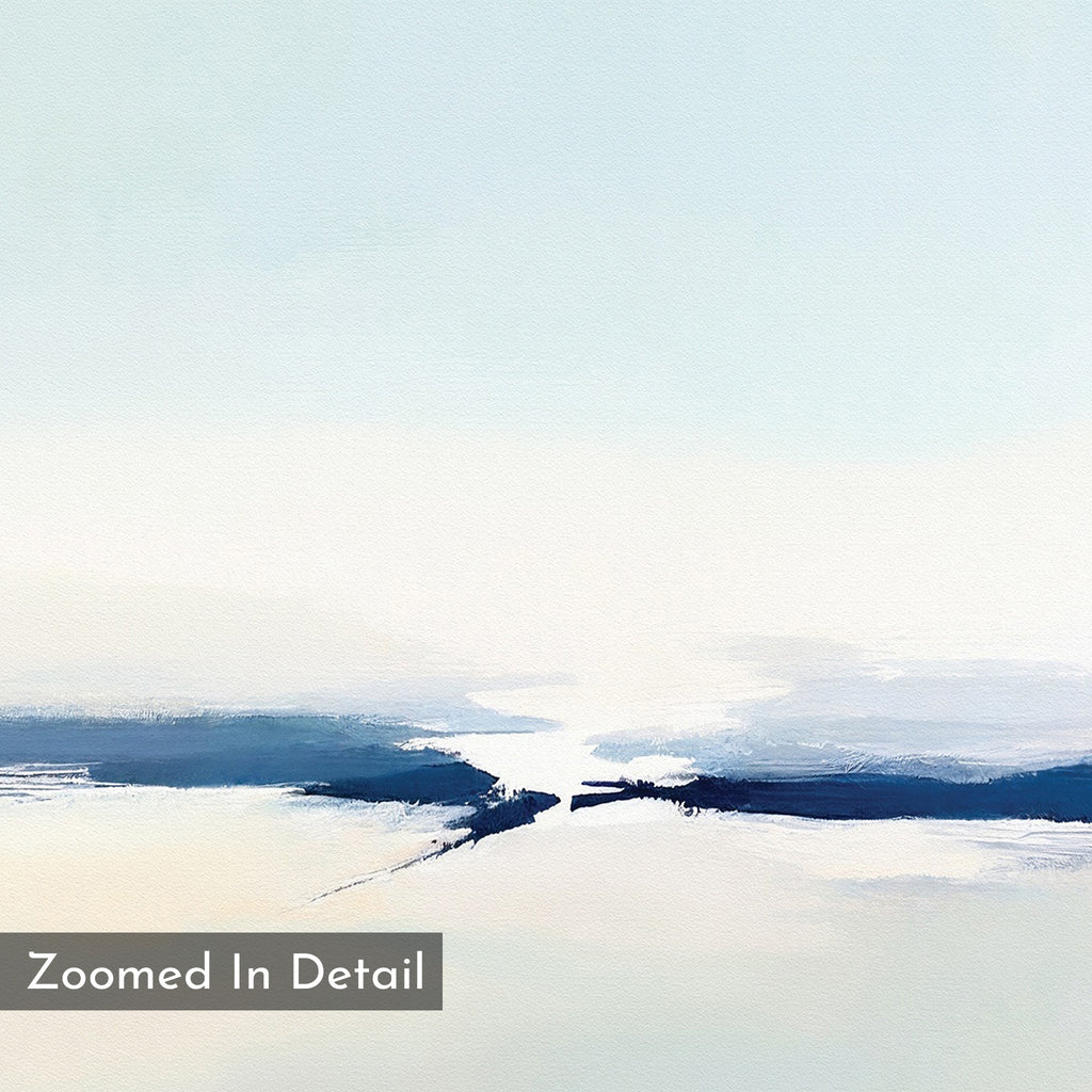 Frozen Channel Canvas Art - Vertical features textured blue and white brushstrokes blending horizontally on a pale background, with a “Zoomed In Detail” label—ideal as serene abstract print or minimalist wall art.
