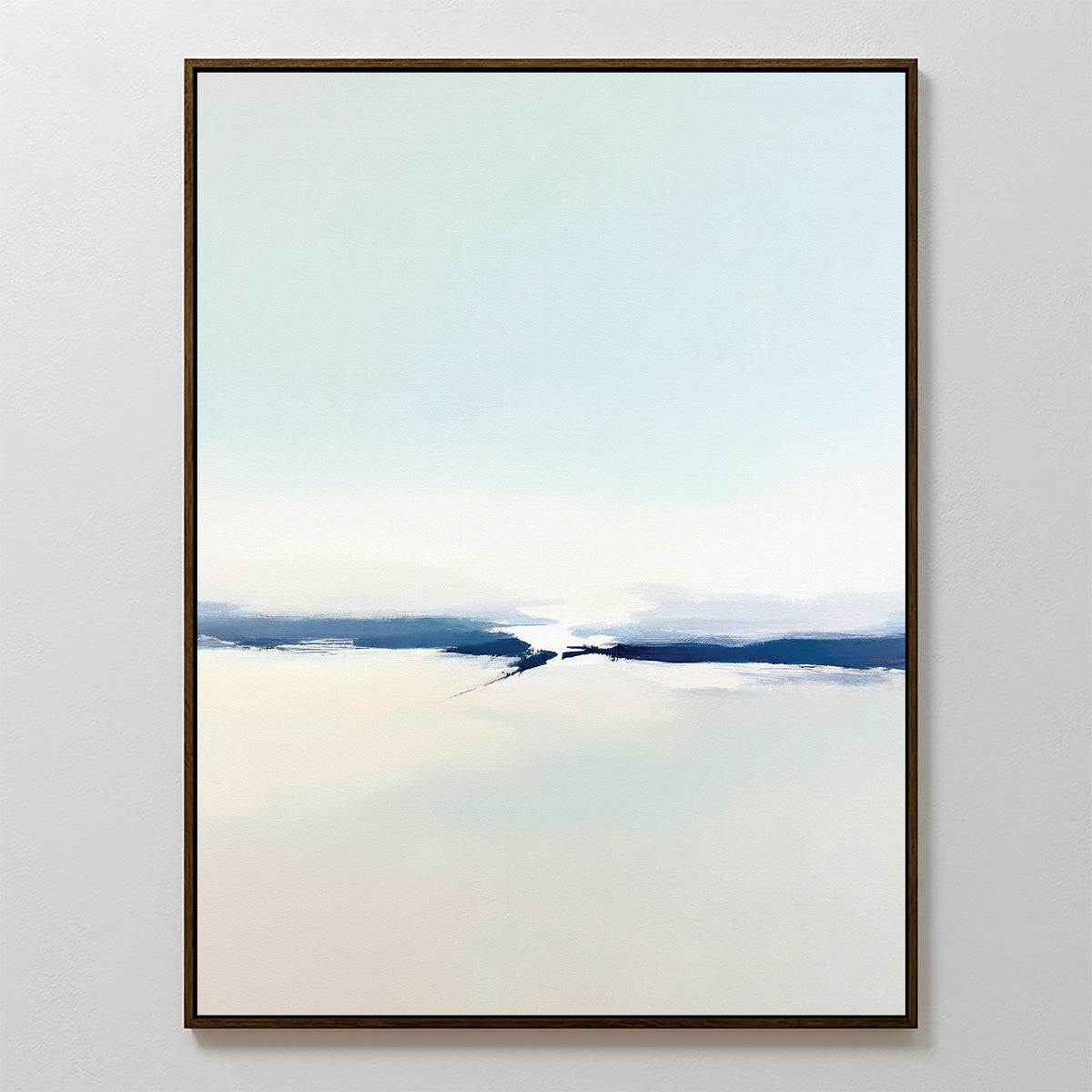 Frozen Channel Canvas Art - Vertical features minimalist wall art with soft tones and blue brushstrokes, bringing calm elegance to any modern living room decor. This serene abstract print enhances white walls with its tranquil vibe.