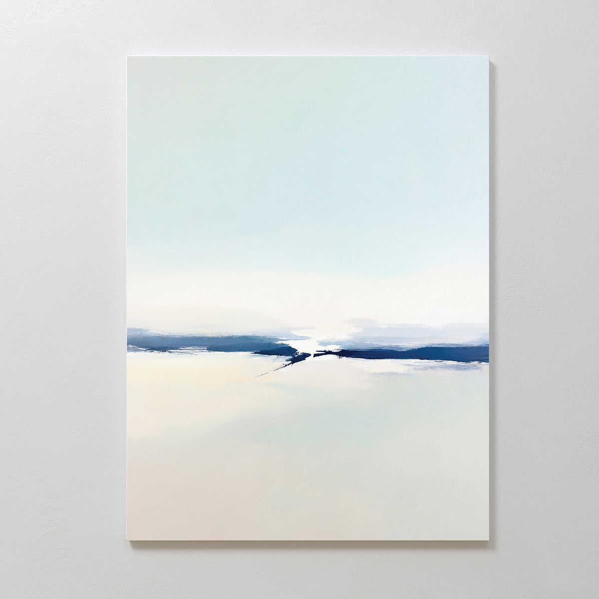 The Frozen Channel Canvas Art - Vertical features minimalist wall art with soft hues and vertical bands of dark blue and white brushstrokes, evoking a tranquil abstract seascape—ideal for modern living room decor.