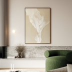 A minimalist living room featuring a green curved sofa, the White Flame Abstract Canvas Art in beige and white, a round wall light, a vase with dried branches, and marble-wood accents—perfect for sophisticated decor.