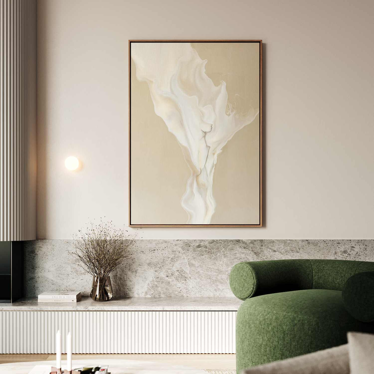A minimalist living room featuring a green curved sofa, the White Flame Abstract Canvas Art in beige and white, a round wall light, a vase with dried branches, and marble-wood accents—perfect for sophisticated decor.