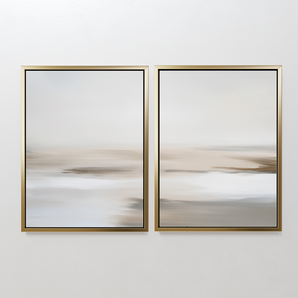 The Tranquil Shifts Set of 2 features abstract art with soft beige, white, and gray shades in thin gold frames—ideal minimalist wall art to bring a calm touch to your bedroom or modern living room decor.