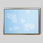 The Gentle Blossoms Canvas Art - Horizontal features delicate white flowers and vines on a soft light blue background in a gold frame, bringing an airy, minimalist elegance to any room.
