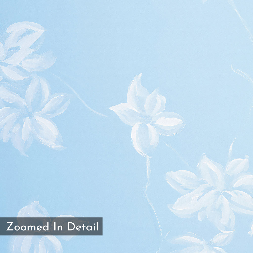 White, hand-painted floral motifs adorn a light blue background with soft brushstrokes. The Gentle Blossoms Canvas Art - Horizontal features a translucent gray label in the bottom left reading Zoomed In Detail. Ideal as wall decor.