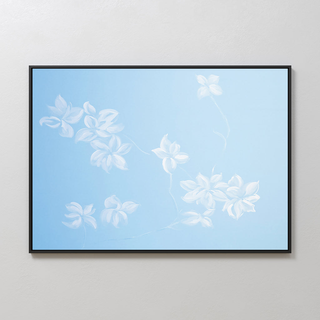 Gentle Blossoms Canvas Art - Horizontal features delicate white floral motifs and leaves on a light blue background, softly blended in a flowing pattern for a minimalist, airy look.