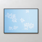 Gentle Blossoms Canvas Art - Horizontal features delicate white floral motifs and leaves on a light blue background, softly blended in a flowing pattern for a minimalist, airy look.