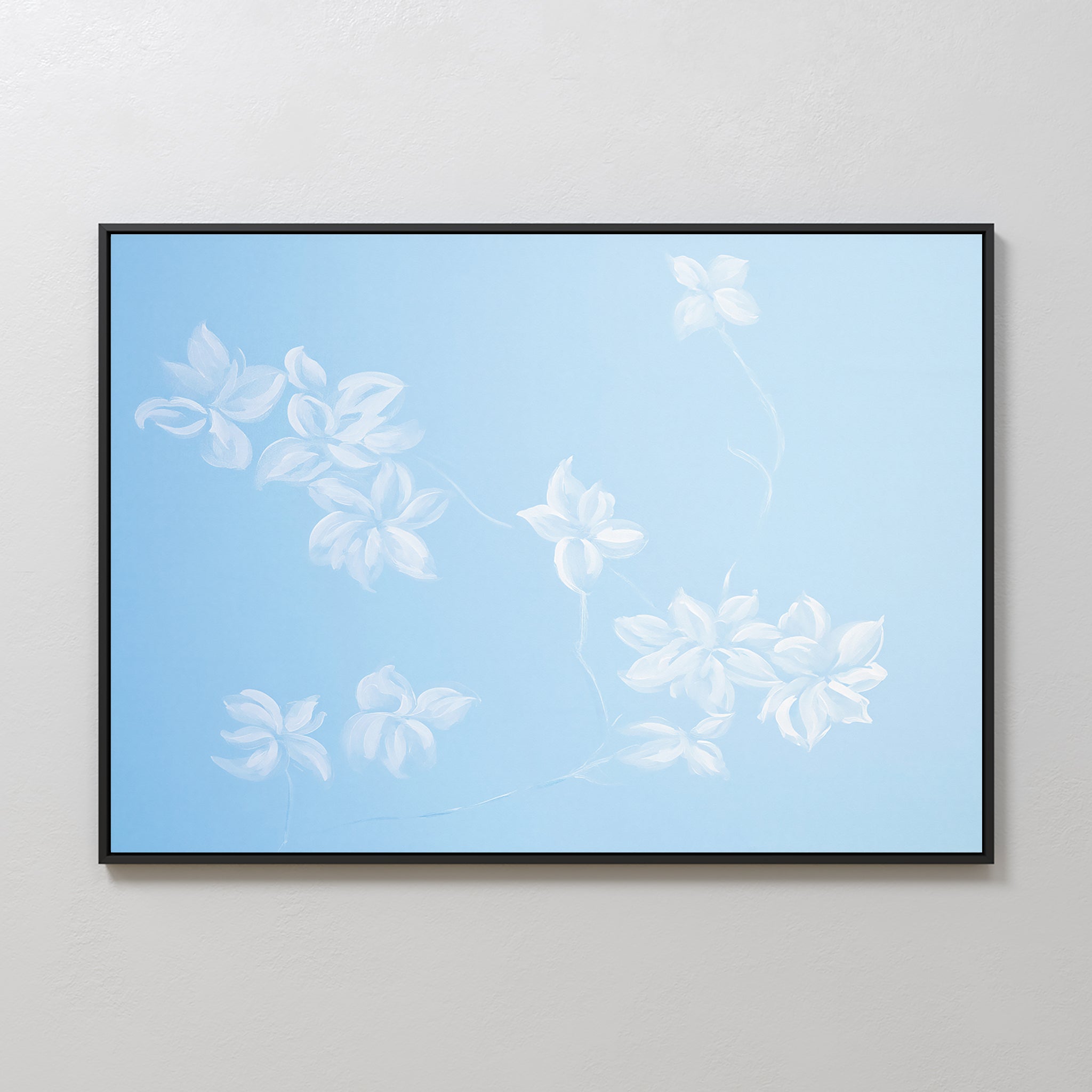 Gentle Blossoms Canvas Art - Horizontal features delicate white floral motifs and leaves on a light blue background, softly blended in a flowing pattern for a minimalist, airy look.