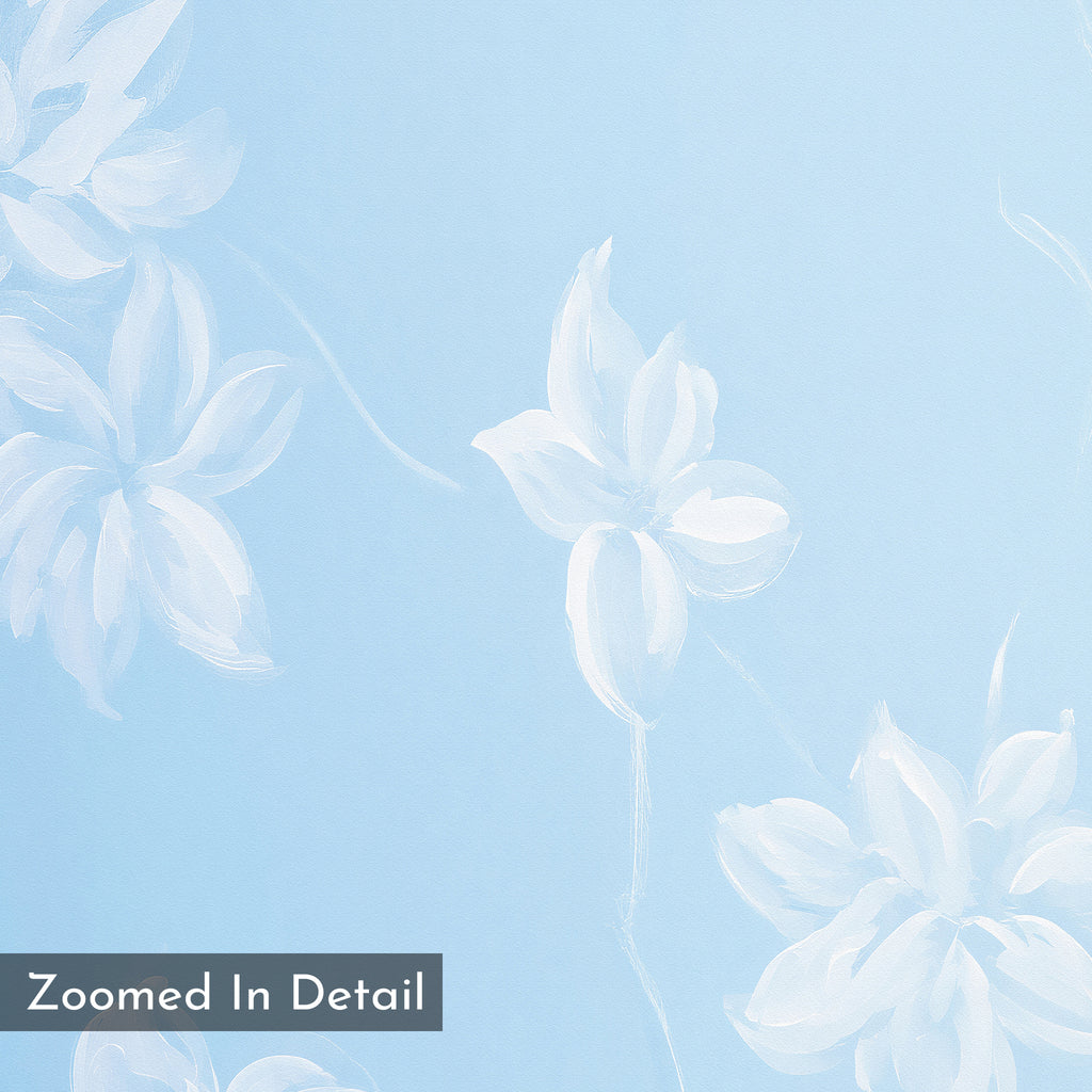 A soft light blue background with subtle white abstract flowers creates a soothing look. In the lower left, a gray box reads "Zoomed In Detail" in white—perfect inspiration for Gentle Blossoms Canvas Art - Square designs.