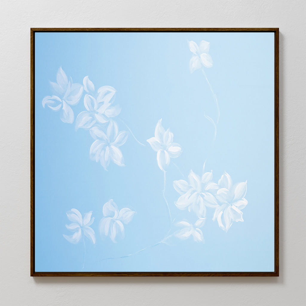 The Gentle Blossoms Canvas Art - Square features delicate white floral outlines on a smooth light blue background, creating minimalistic and airy wall art with beautifully dispersed flowers.
