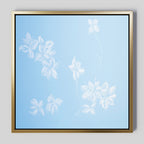 The Gentle Blossoms Canvas Art - Square features delicate white floral details and faint stems on a soft blue background, framed with a gold border for an elegant, airy touch.