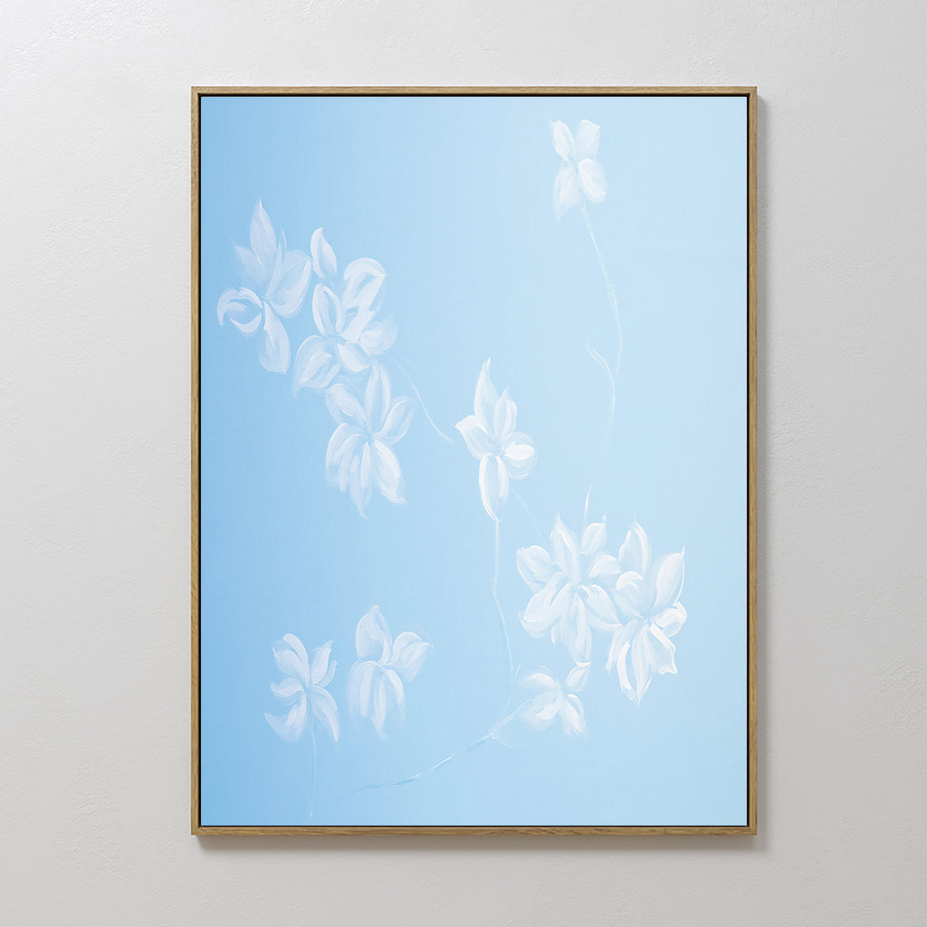 Gentle Blossoms Canvas Art - Vertical features delicate white abstract floral designs on a powder blue background, making it an elegant addition to any room's decor.