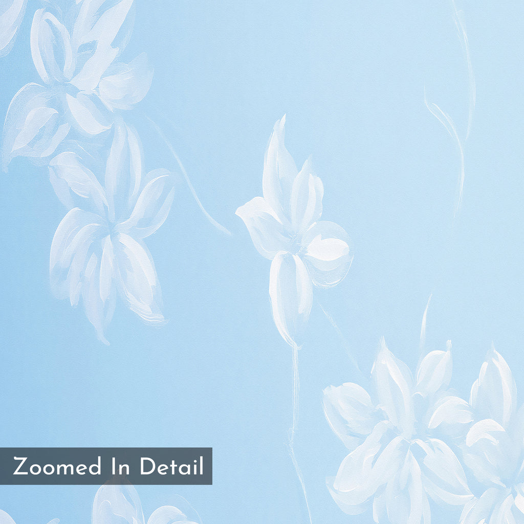 Gentle Blossoms Canvas Art - Vertical features light blue hues with white, softly painted floral patterns for a watercolor charm. Perfect as powder blue or floral wall art. A gray label at the bottom left reads “Zoomed In Detail.”.