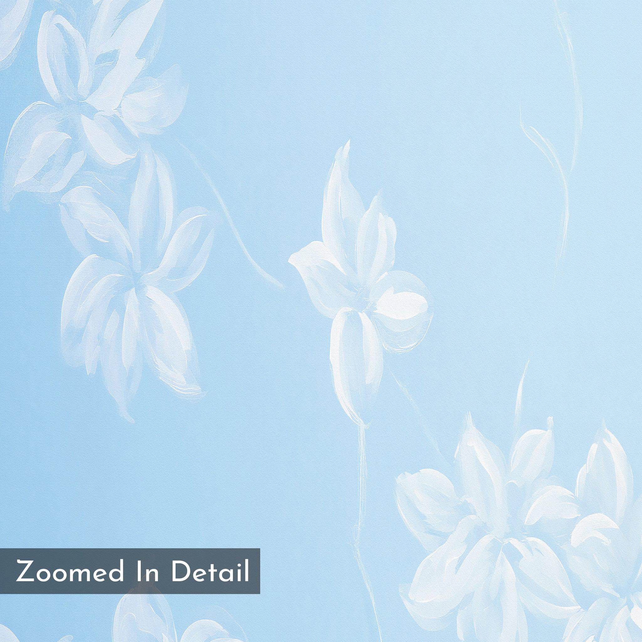 Gentle Blossoms Canvas Art - Vertical features light blue hues with white, softly painted floral patterns for a watercolor charm. Perfect as powder blue or floral wall art. A gray label at the bottom left reads “Zoomed In Detail.”.