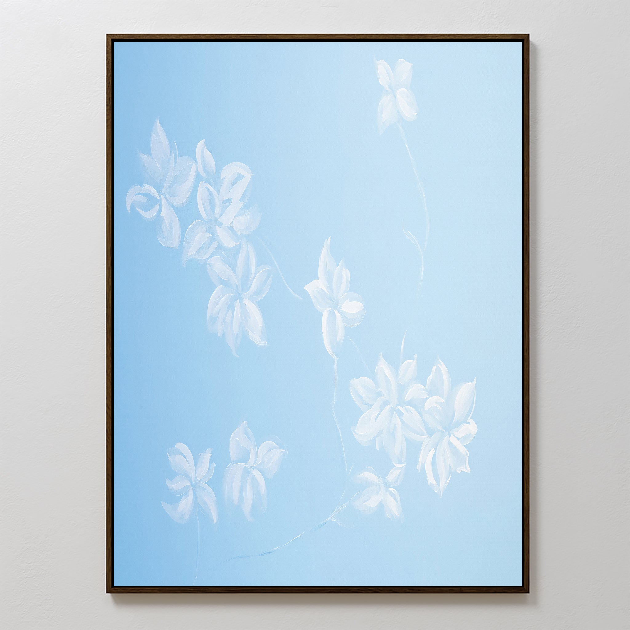 The Gentle Blossoms Canvas Art - Vertical features delicate white flowers with soft petals on a light blue background, offering a minimalistic and airy touch that adds elegance to any room.
