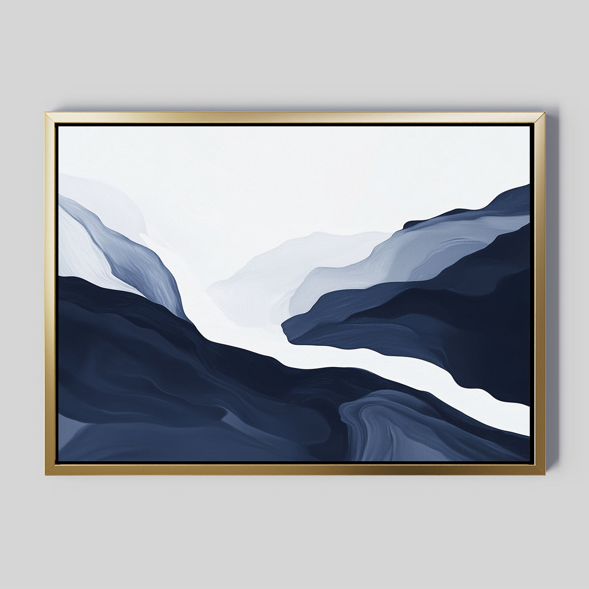 The Glacier Flow Canvas Art - Horizontal features flowing, layered shapes in navy, gray, and white that resemble misty mountains or waves on a light gray background—ideal for modern home decor.