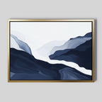 The Glacier Flow Canvas Art - Horizontal features flowing, layered shapes in navy, gray, and white that resemble misty mountains or waves on a light gray background—ideal for modern home decor.
