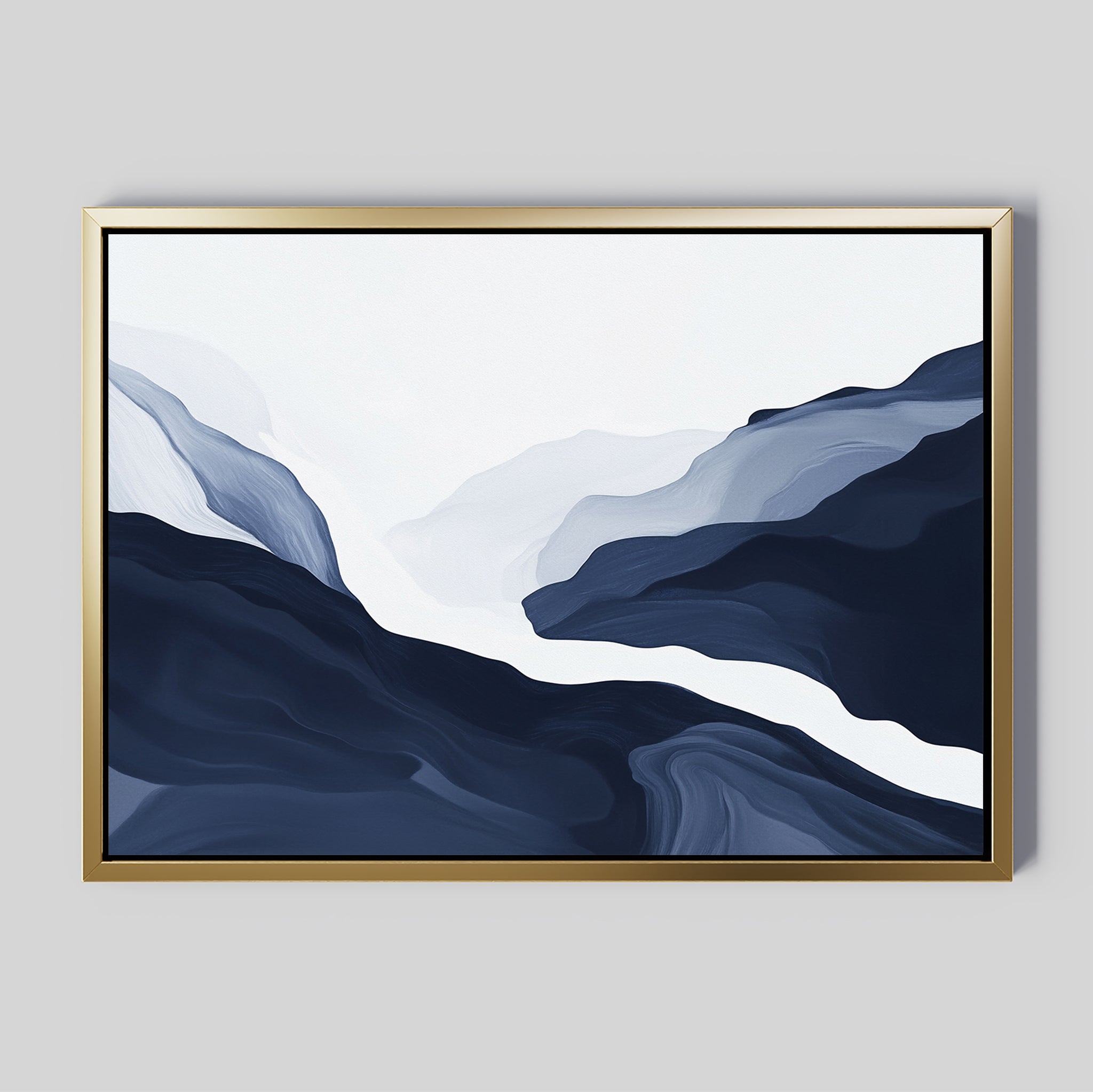 The Glacier Flow Canvas Art - Horizontal features flowing, layered shapes in navy, gray, and white that resemble misty mountains or waves on a light gray background—ideal for modern home decor.