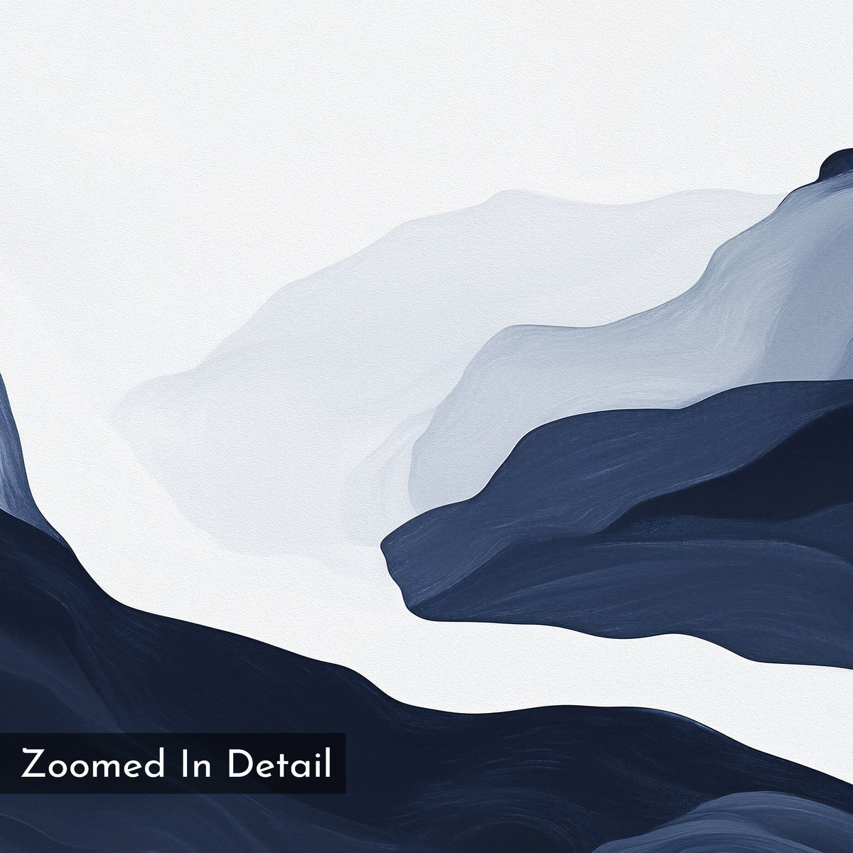Glacier Flow Canvas Art - Horizontal features abstract digital shapes in blue and white, evoking mountains or waves, with “Zoomed In Detail” in the bottom left—perfect modern wall art for your home.