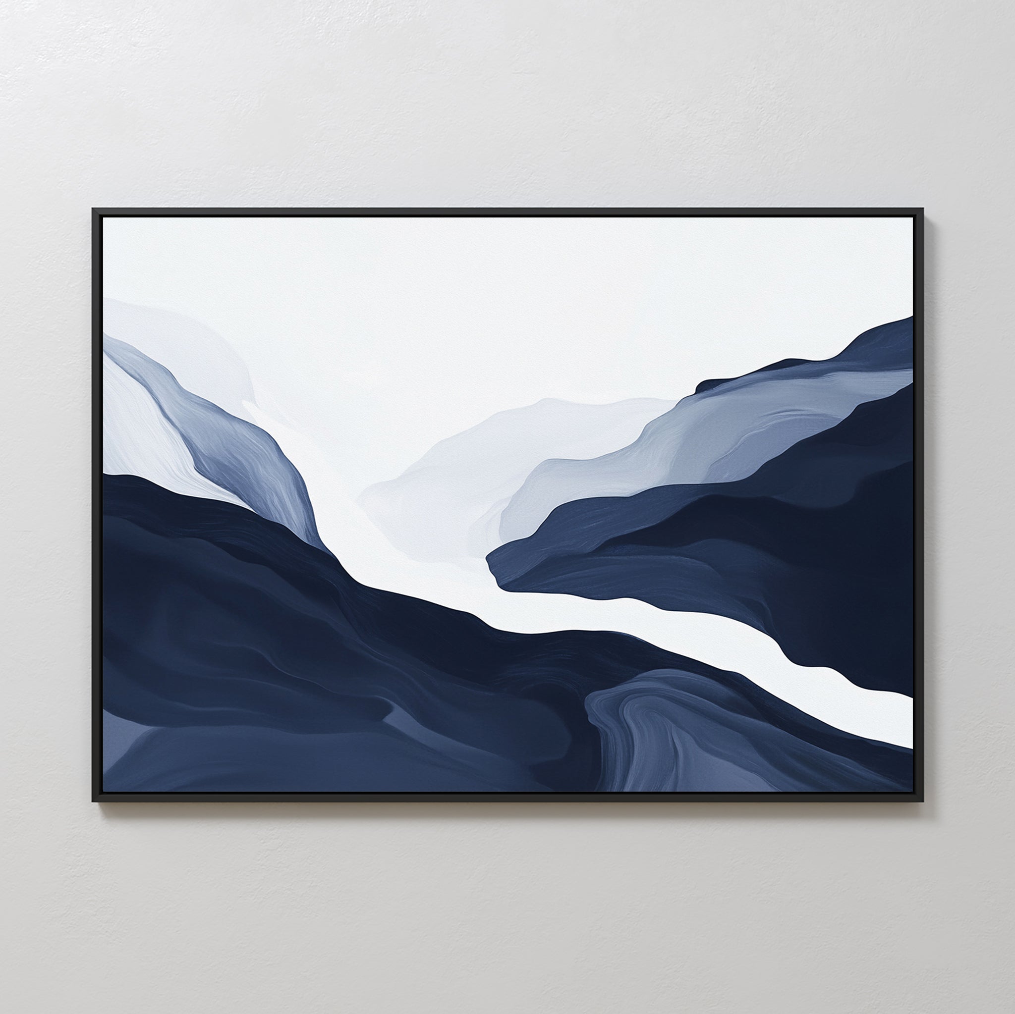 Glacier Flow Canvas Art - Horizontal features abstract mountains in black, gray, and white with misty, flowing shapes—ideal modern decor for a light-colored wall.