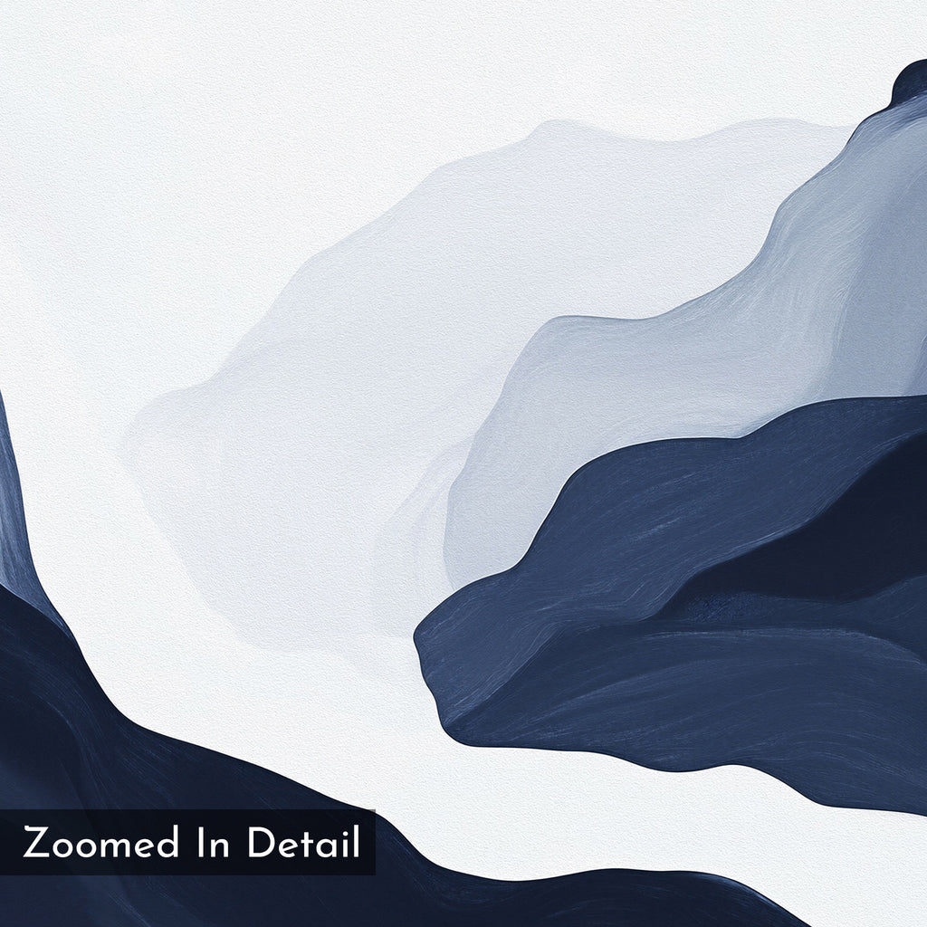 Glacier Flow Canvas Art - Square showcases abstract digital art with layered navy blue and white shapes, reminiscent of rocky formations or waves. Ideal as modern wall decor or navy blue wall art. Features a "Zoomed In Detail" label at the bottom left.