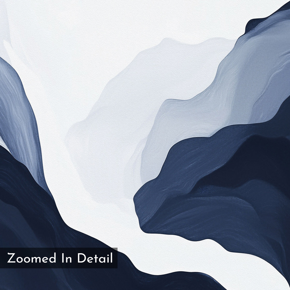 Glacier Flow Canvas Art - Vertical features abstract, layered shapes in navy blue, gray, and white, evoking waves or rock formations. "Zoomed In Detail" appears in the lower left corner—ideal for modern home decor.