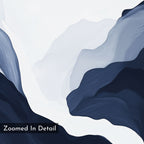 Glacier Flow Canvas Art - Vertical features abstract, layered shapes in navy blue, gray, and white, evoking waves or rock formations. "Zoomed In Detail" appears in the lower left corner—ideal for modern home decor.