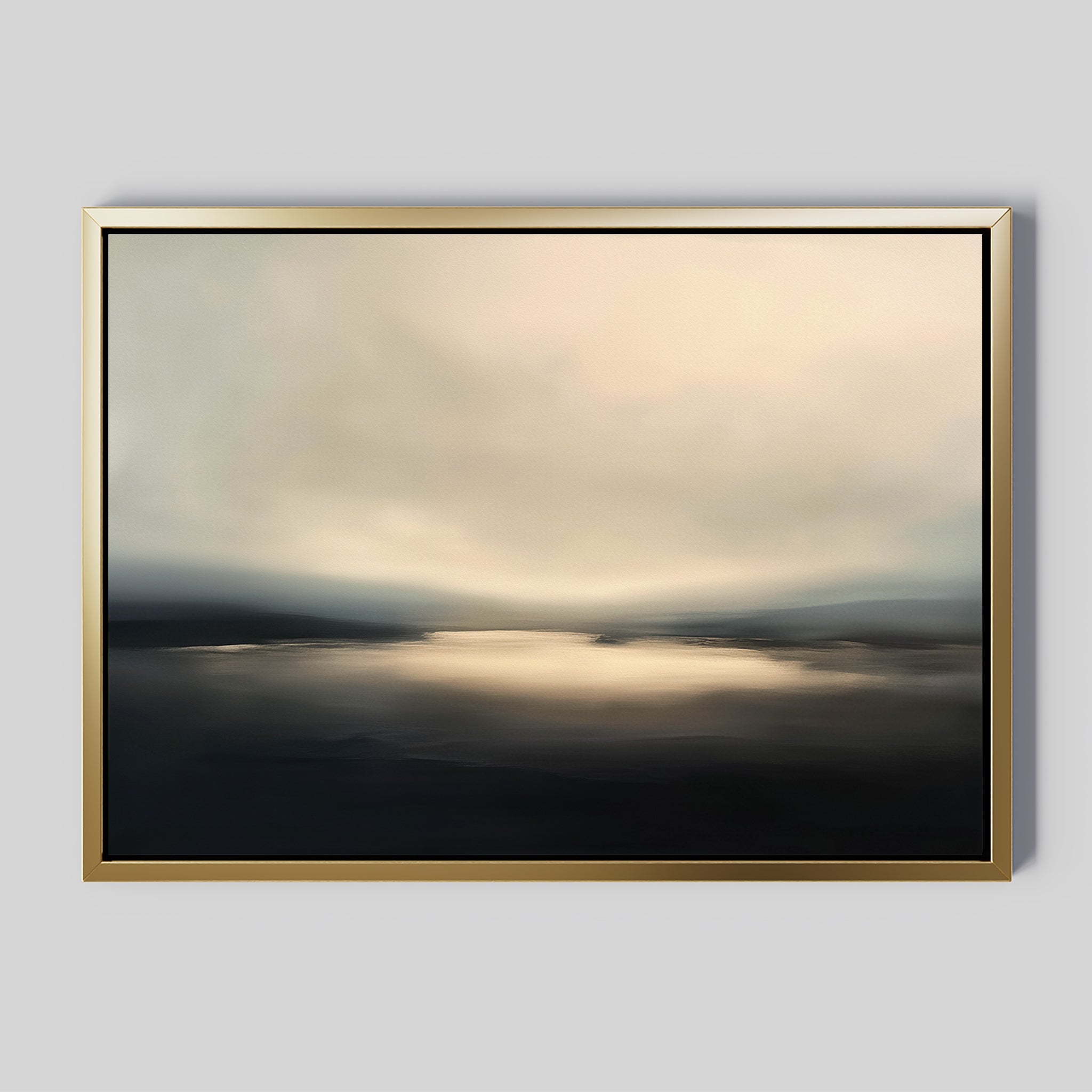 The Golden Fog Horizon Canvas Art - Horizontal features a serene coastal landscape in soft beige, gray, and black tones, depicting calm water under an overcast sky—ideal wall art for a tranquil, minimalist space.