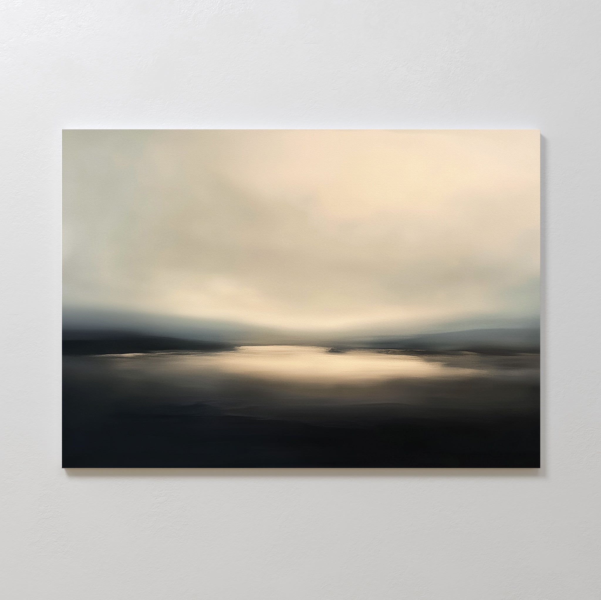 The Golden Fog Horizon Canvas Art - Horizontal features a minimalist coastal scene with a cloudy beige sky reflecting onto calm, dark waters—serene wall art in soft, muted tones, ideal for Nordic Park-inspired interiors.