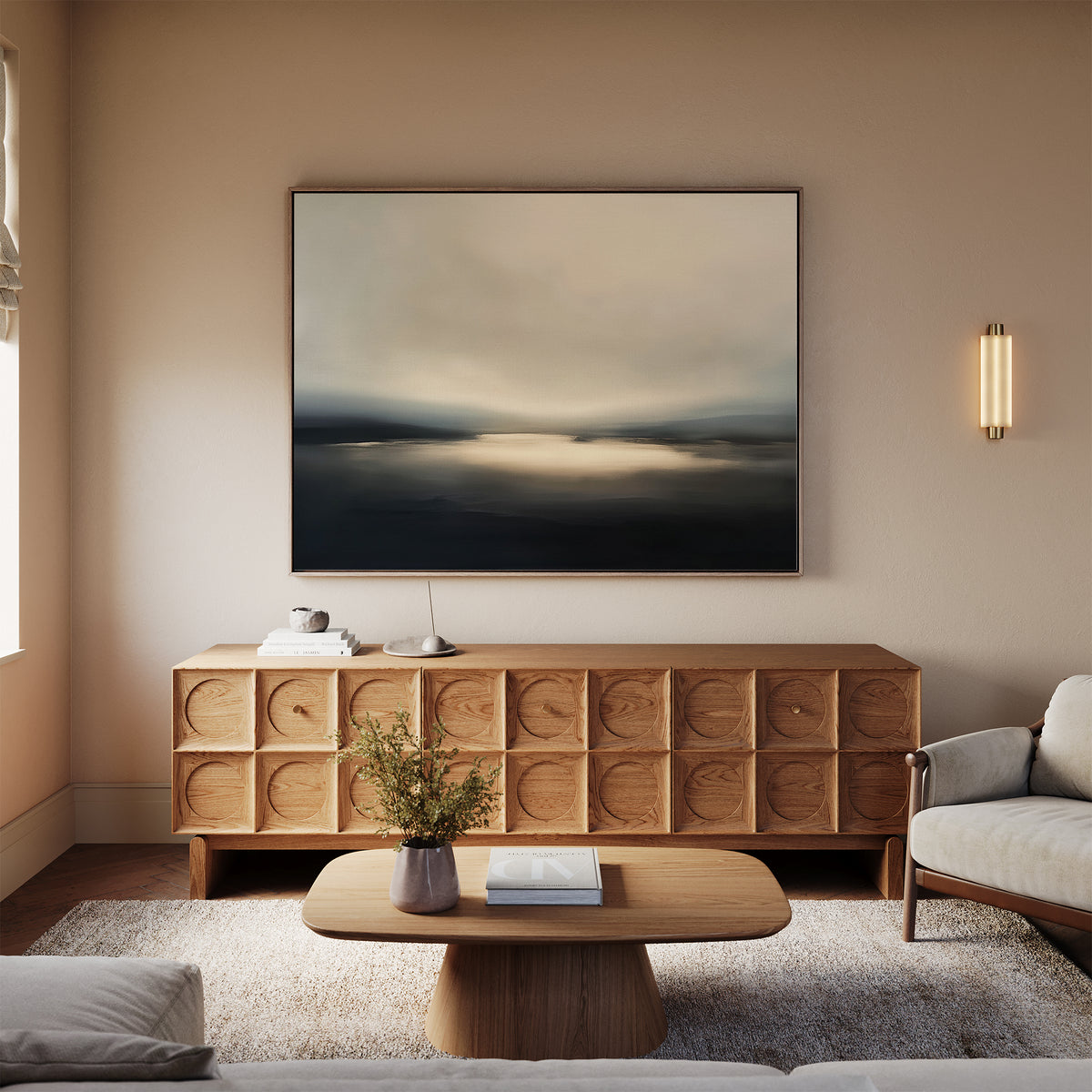 A modern living room with a wooden sideboard, Golden Fog Horizon Canvas Art - Horizontal above, a low wooden coffee table holding a vase of flowers, a neutral-toned sofa, and soft natural light streaming through the window.