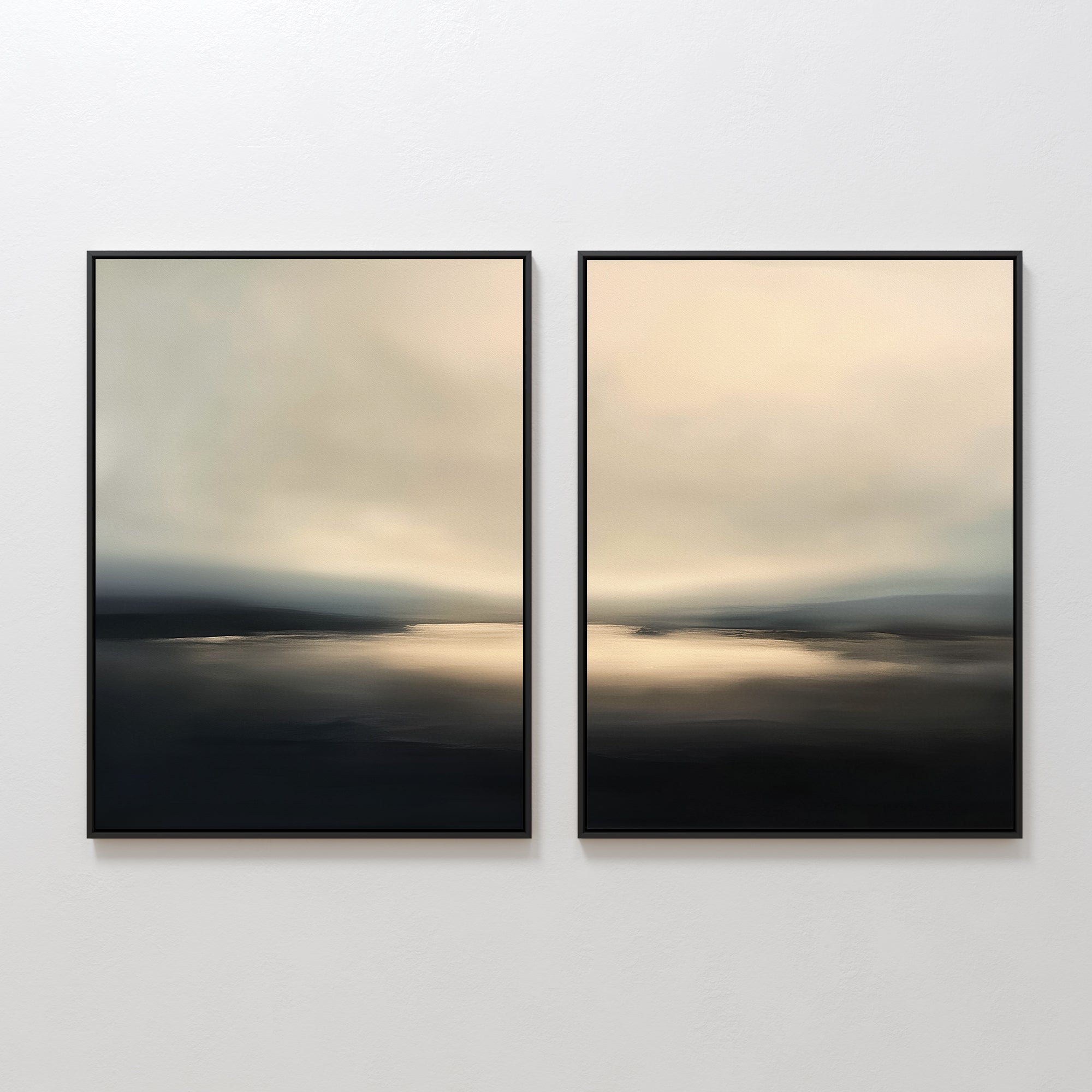 The Golden Fog Horizon - Set Of 2 features framed abstract landscapes side by side, each evoking a serene lake or dusk horizon—ideal wall art for bringing calm, Nordic Park-inspired tones to your space.