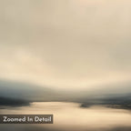 Golden Fog Horizon Canvas Art - Square features a soft, muted landscape with hazy mountains and reflective water in warm beige and gray tones. Text: Zoomed In Detail—perfect for Nordic Park or coastal print lovers seeking tranquil wall art.