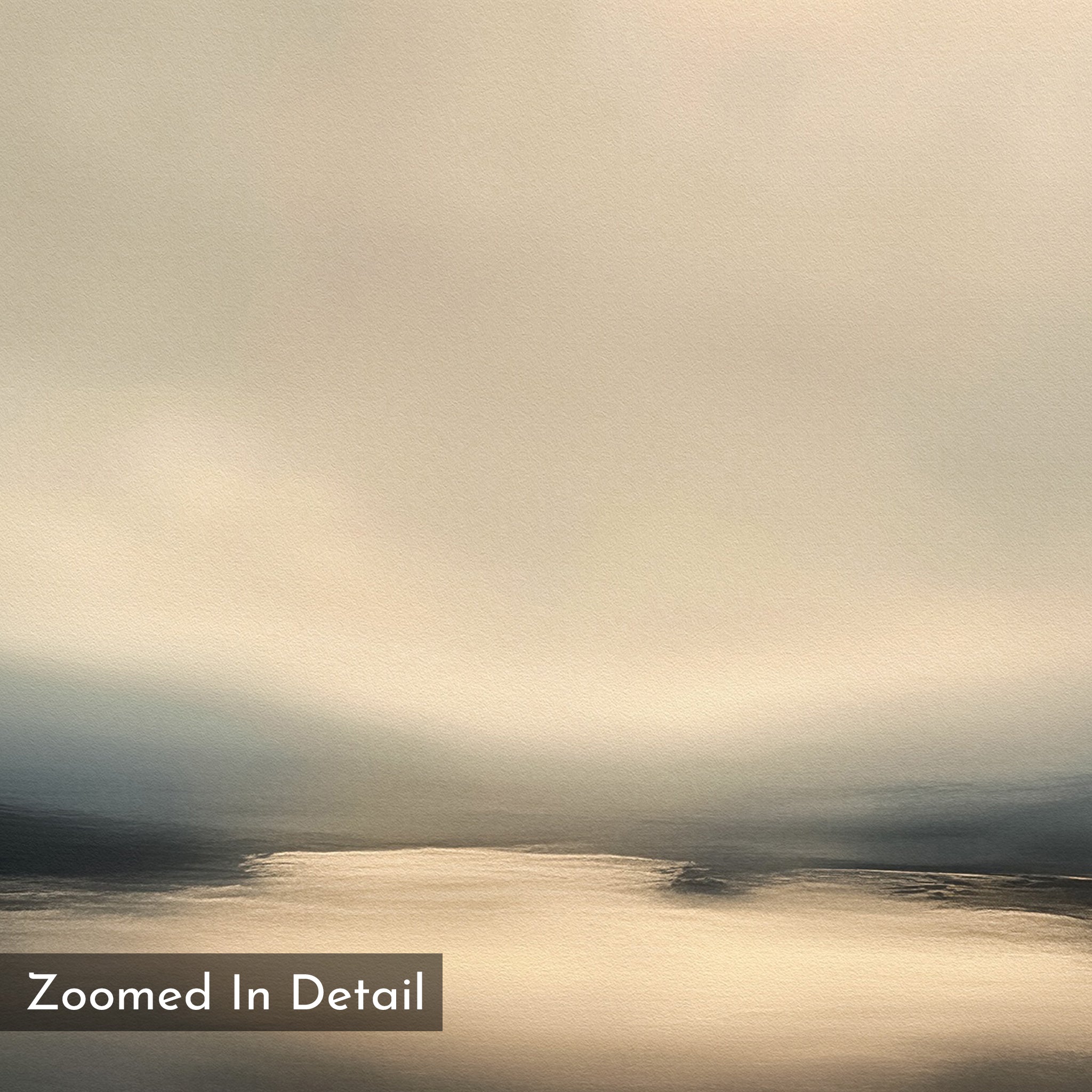 Golden Fog Horizon Canvas Art - Square features a soft, muted landscape with hazy mountains and reflective water in warm beige and gray tones. Text: Zoomed In Detail—perfect for Nordic Park or coastal print lovers seeking tranquil wall art.