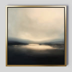 The Golden Fog Horizon Canvas Art - Square showcases a tranquil, misty landscape with soft, muted tones. Light from the horizon reflects on calm water, blending sky and distant hills in an abstract Nordic-inspired style.
