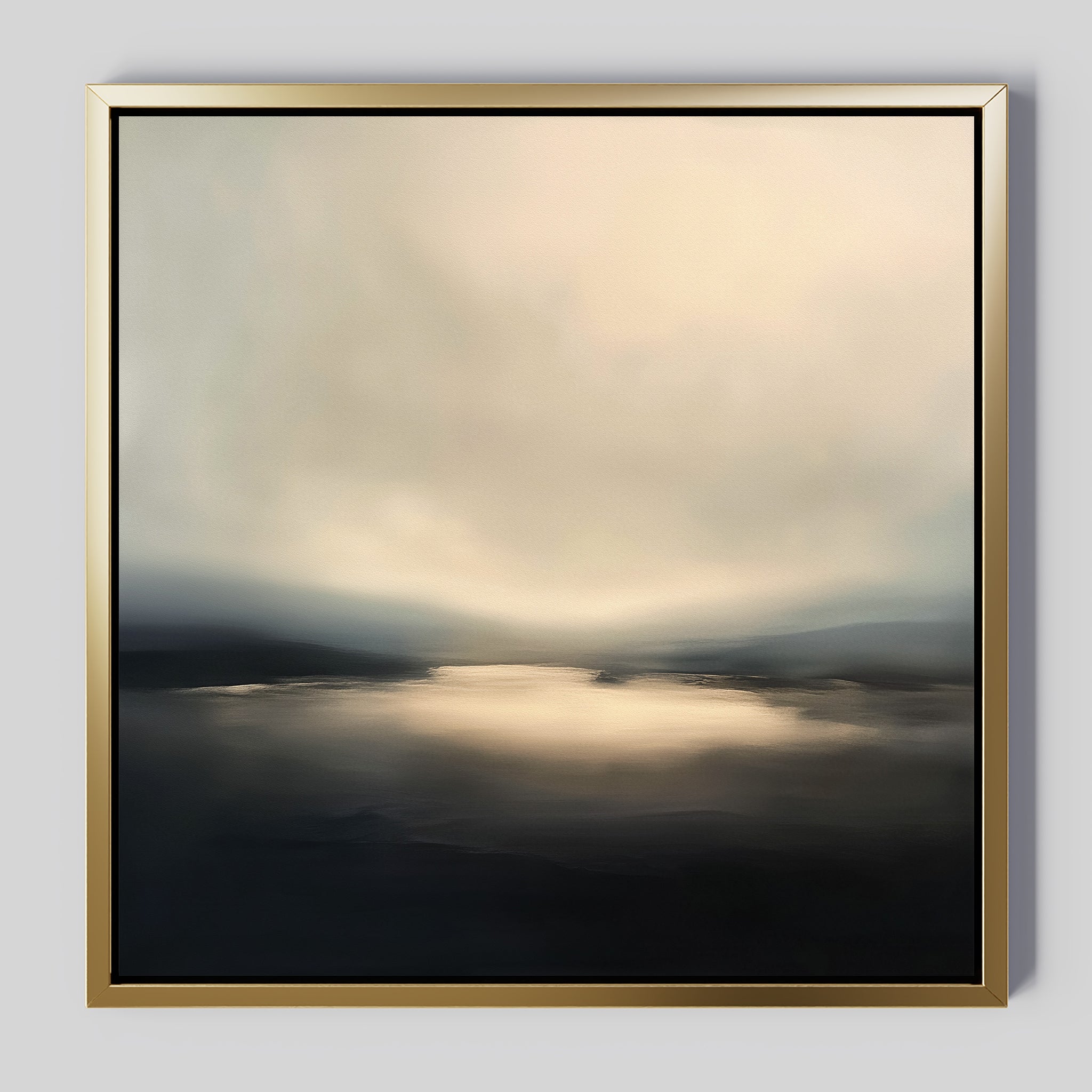 The Golden Fog Horizon Canvas Art - Square showcases a tranquil, misty landscape with soft, muted tones. Light from the horizon reflects on calm water, blending sky and distant hills in an abstract Nordic-inspired style.