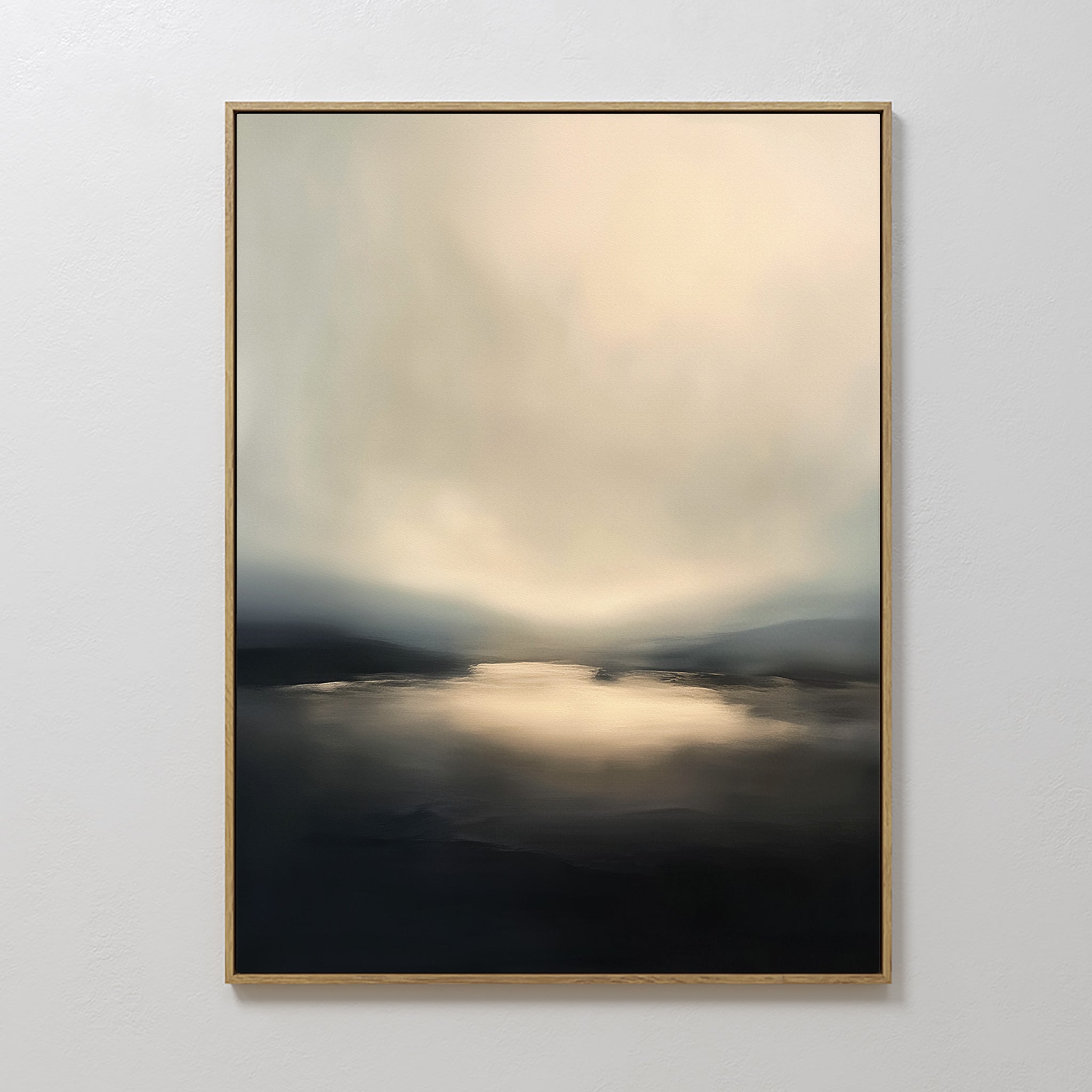 Golden Fog Horizon Canvas Art - Vertical features a framed abstract scene with soft light on water, blending dark and light tones for a calm, atmospheric moody landscape print.