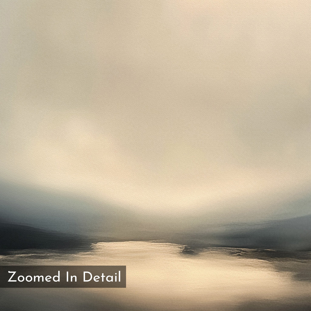 The Golden Fog Horizon Canvas Art - Vertical features a soft, abstract moody landscape with muted tones, gentle light on calm water, misty mountains, and a cloudy sky. "Zoomed In Detail" appears in the bottom left corner.