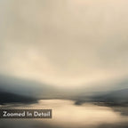 The Golden Fog Horizon Canvas Art - Vertical features a soft, abstract moody landscape with muted tones, gentle light on calm water, misty mountains, and a cloudy sky. "Zoomed In Detail" appears in the bottom left corner.