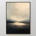 Golden Fog Horizon Canvas Art - Vertical features a moody, abstract landscape with soft beige, gray, and black tones. Gentle light reflects over water and distant hills beneath a calm sky in this serene framed print.