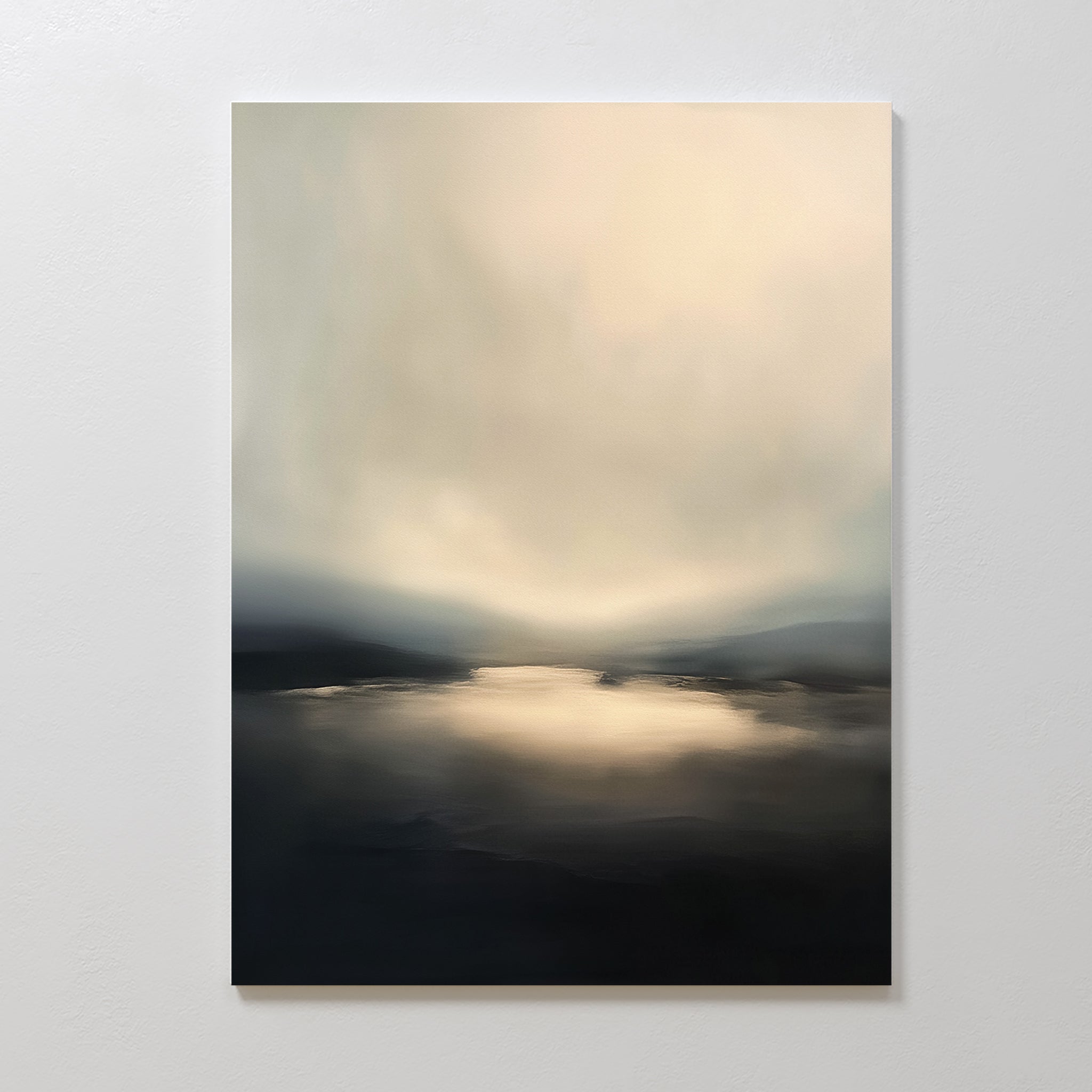 Golden Fog Horizon Canvas Art - Vertical showcases a calm body of water reflecting warm light under a hazy sky with distant hills, making it ideal as minimalist coastal wall art for serene and tranquil spaces.