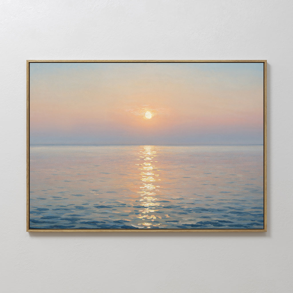 The Golden Reflection Canvas Art - Horizontal features a serene sunset over a calm sea with pastel skies and shimmering golden reflections, making it the perfect tranquil wall art for your home decor.