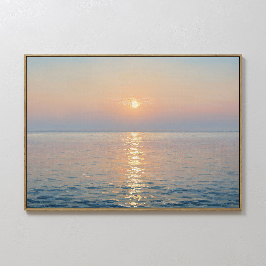 The Golden Reflection Canvas Art - Horizontal features a serene sunset over a calm sea with pastel skies and shimmering golden reflections, making it the perfect tranquil wall art for your home decor.
