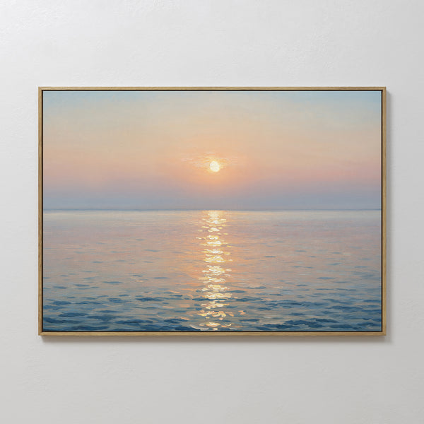 The Golden Reflection Canvas Art - Horizontal features a serene sunset over a calm sea with pastel skies and shimmering golden reflections, making it the perfect tranquil wall art for your home decor.
