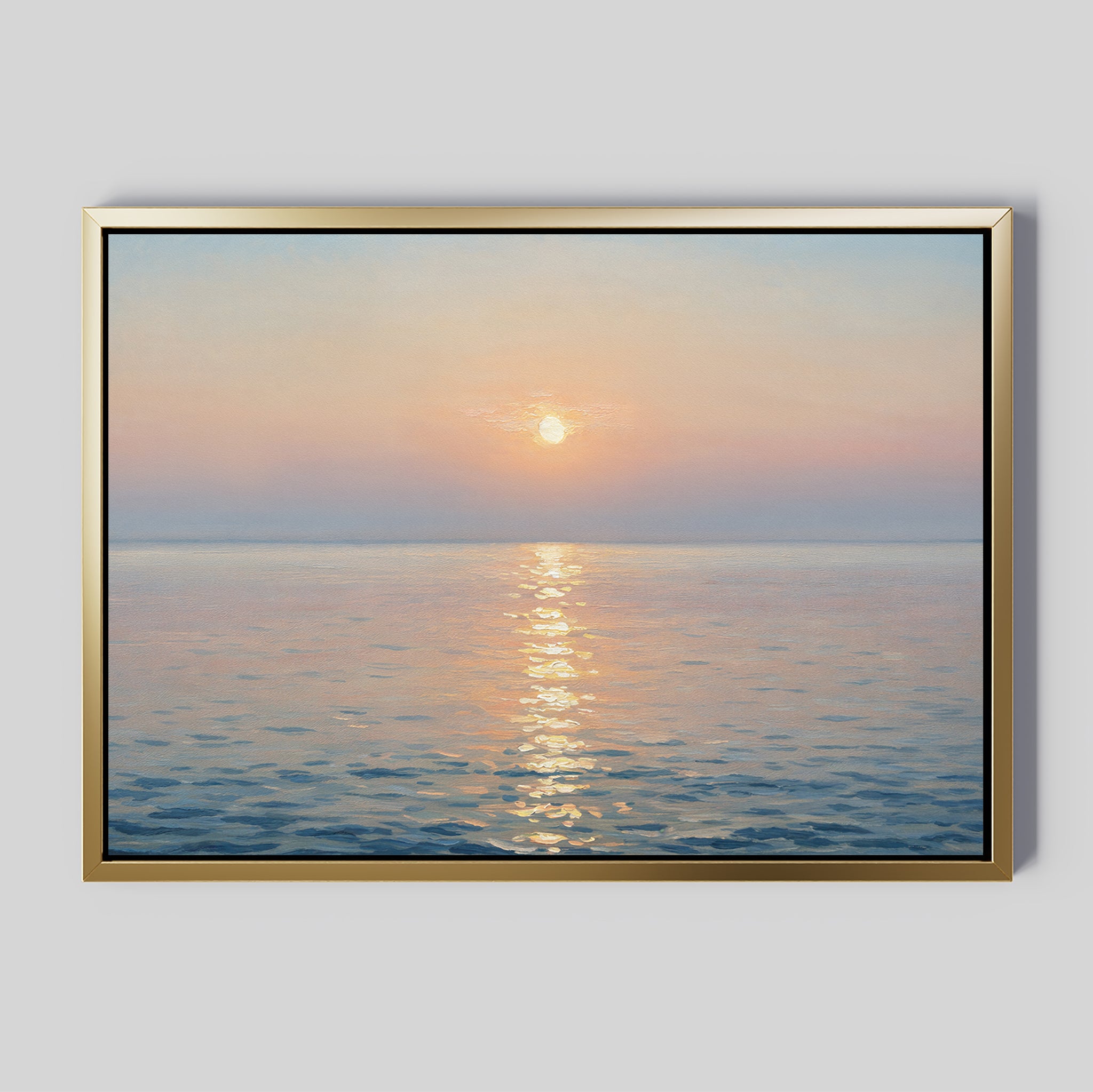 The Golden Reflection Canvas Art - Horizontal features a serene ocean at sunrise, with sunlight shimmering on gentle waves and a pastel sky—perfect tranquil decor to enhance any room.