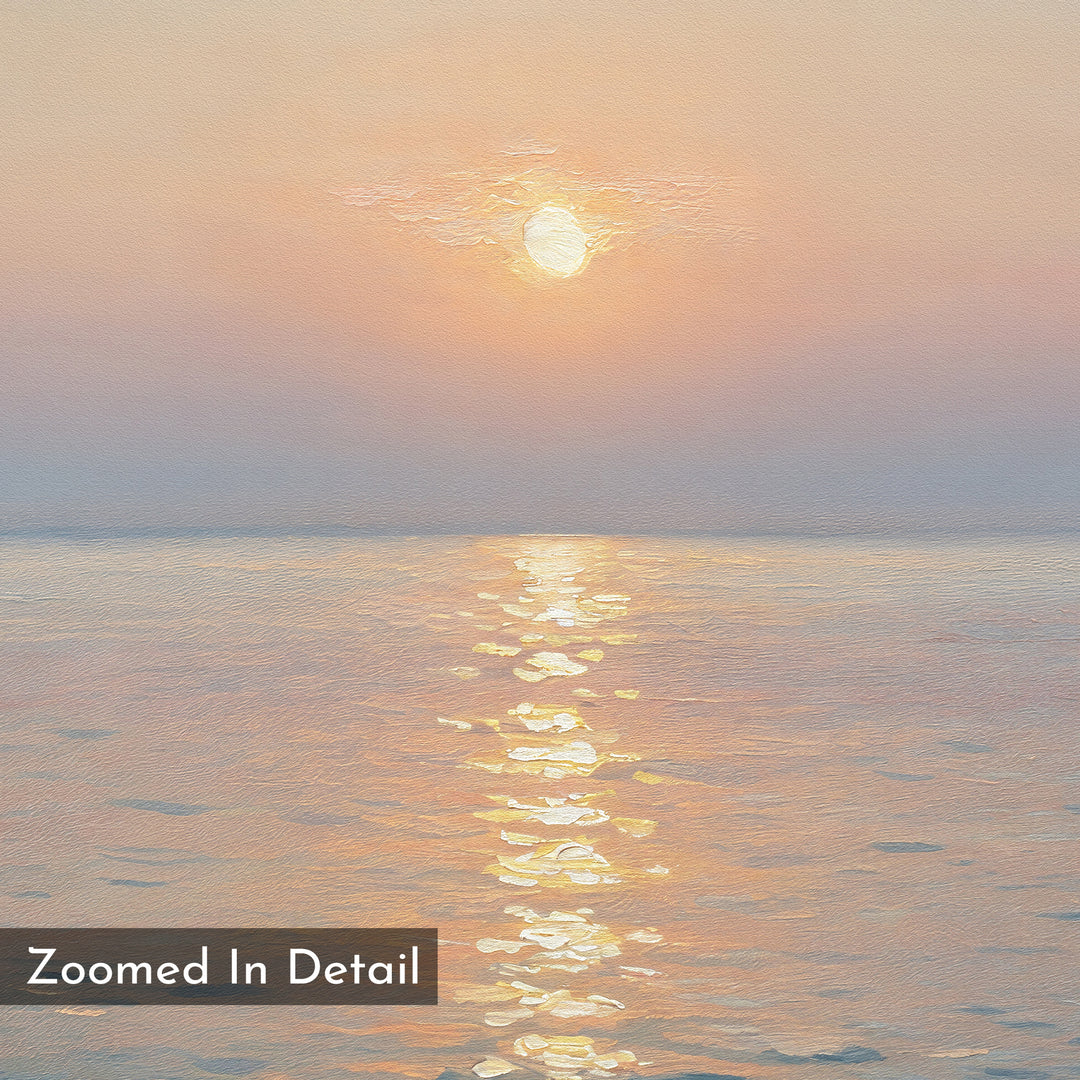 A serene, pastel-hued sunset over calm water with the sun’s golden shimmer. Ideal as tranquil decor or a Golden Reflection Canvas Art - Horizontal print. “Zoomed In Detail” is noted in the corner.